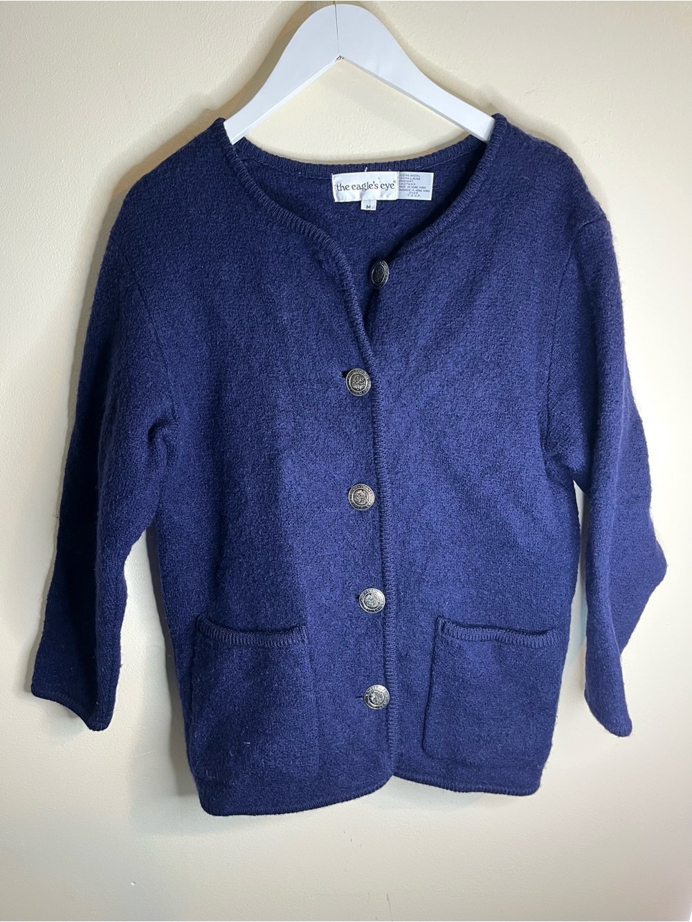 The Eagle's Eye Vintage 100% Wool Navy Button-Up Cardigan
